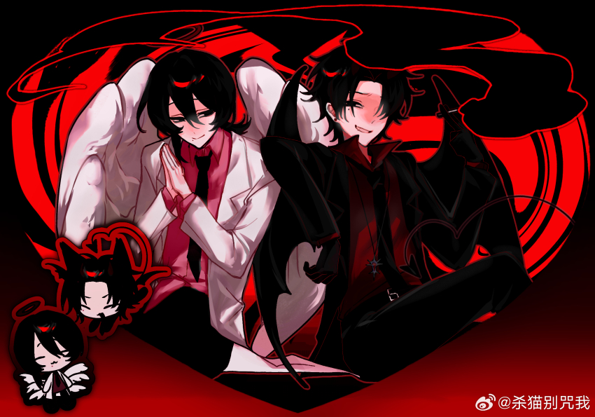2boys, angel_wings, black_eyes, black_hair, black_necktie, cigarette, closed_mouth, collared_shirt
