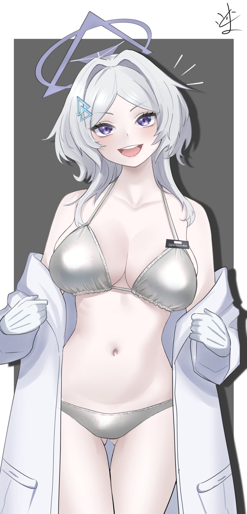 1girl, absurdres, bikini, blue_archive, breasts, cleavage, coat, collarbone