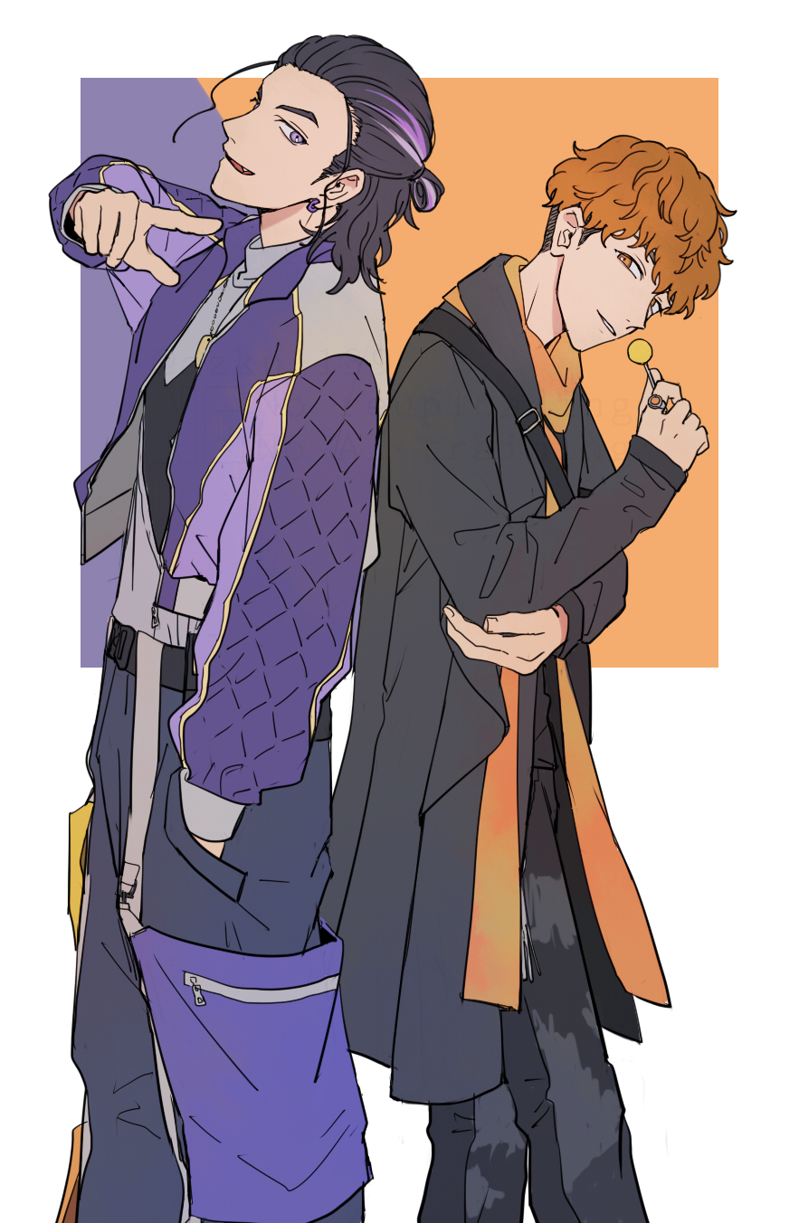 2boys, azkn, bakuage_sentai_boonboomger, black_coat, black_hair, black_shirt, brown_hair, bureki_genba