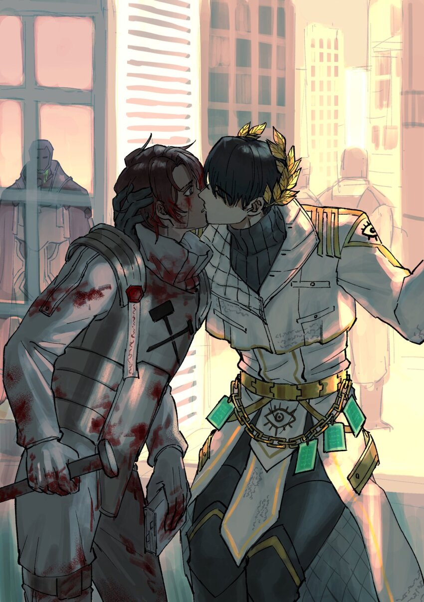 3boys, armor, black_sweater, blood, blood_on_clothes, blood_on_face, bloody_weapon, book