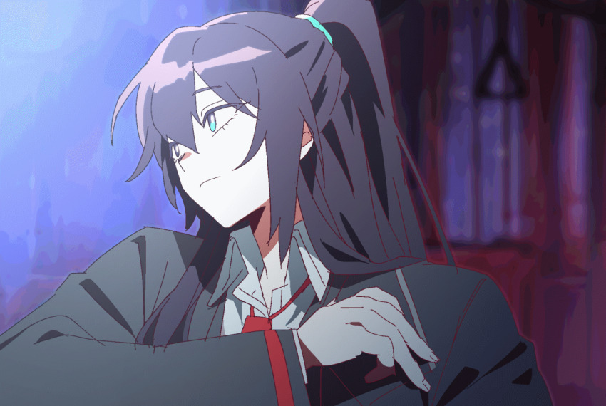 1boy, animated, animated_gif, black_coat, black_eyes, blue_hair, blurry, blurry_background