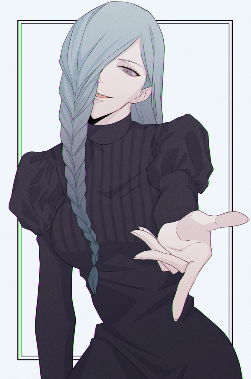 1girl, absurdres, akhr1029, black_dress, border, braid, braided_bangs, braided_ponytail