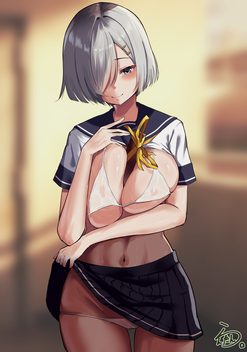 1girl, absurdres, between_breasts, blue_eyes, blue_skirt, bra, breasts, cameltoe, clothes_lift, grey_hair, hair_ornament, hair_over_one_eye, hairclip, hamakaze_(kancolle), highres, kantai_collection, lanthan, large_breasts, lifting_own_clothes, miniskirt, navel, neckerchief, panties, pleated_skirt, shirt_lift, short_hair, short_sleeves, skirt, skirt_lift, smile, solo, underwear, white_bra, white_panties, yellow_neckerchief