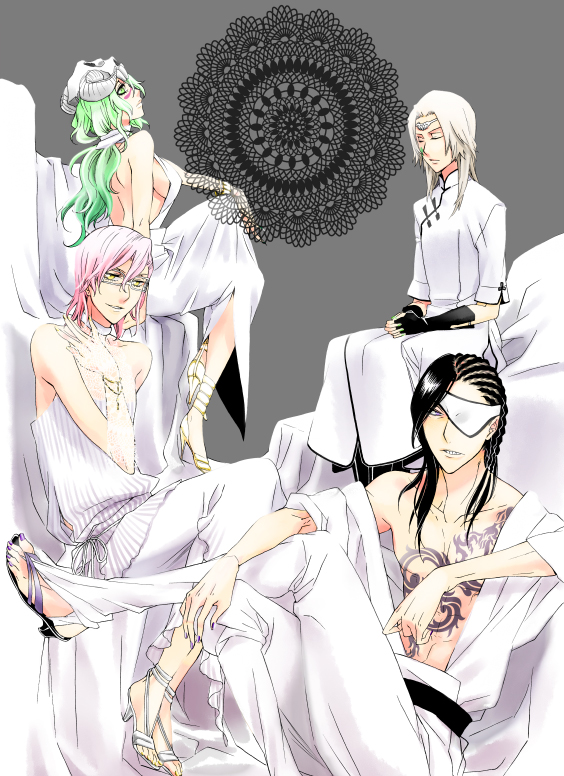 arrancar, black_hair, bleach, braid, brown_hair, crossdressing, eyepatch, closed_eyes, glasses, green_eyes, green_hair, long_hair, nelliel_tu_odelschwanck, nnoitra_gilga, open_clothes, open_shirt, pink_hair, purple_eyes, shirt, sitting, szayelaporro_granz, tattoo, tesra_lindocruz, usa_(blue-systema), yellow_eyes