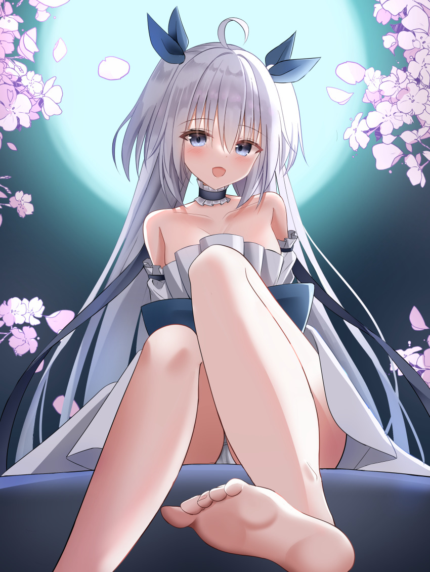1girl, :d, absurdres, ahoge, bare_shoulders, barefoot, blue_bow, blush