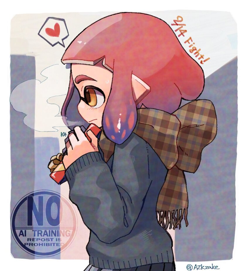 1girl, artist_name, azkrock, border, bow, box, brown_scarf, cardigan