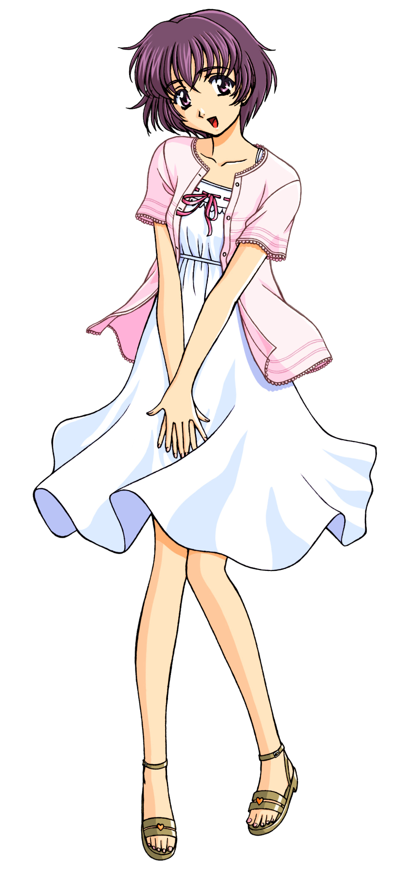 1girl, absurdres, choppy_bangs, collarbone, dress, empire_waist, fingernails, full_body, full_on_games, fuuraiki, fuuraiki_(series), gold_shoes, head_tilt, heart_ornament, highres, jacket, kishiue_daisaku, knees_together_feet_apart, lace-trimmed_jacket, lace-trimmed_sleeves, lace_trim, leg_up, looking_at_viewer, non-web_source, official_art, open_clothes, open_jacket, pink_jacket, pink_sleeves, purple_eyes, purple_hair, ribbon-trimmed_dress, ribbon_trim, saitou_fuyu, sandals, shoe_strap, shoes, short_hair, solo, sundress, tachi-e, toenails, toes, white_background, white_dress