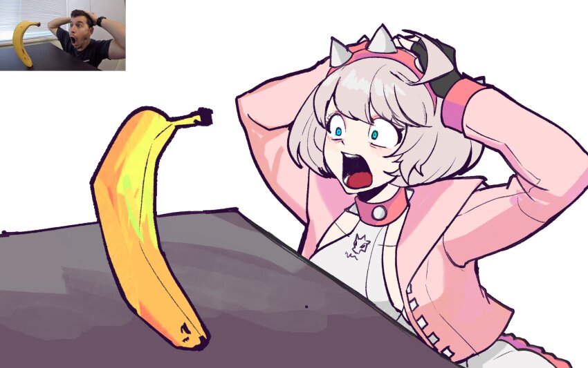 1girl, banana, breasts, collar, commentary, constricted_pupils, elphelt_valentine, english_commentary