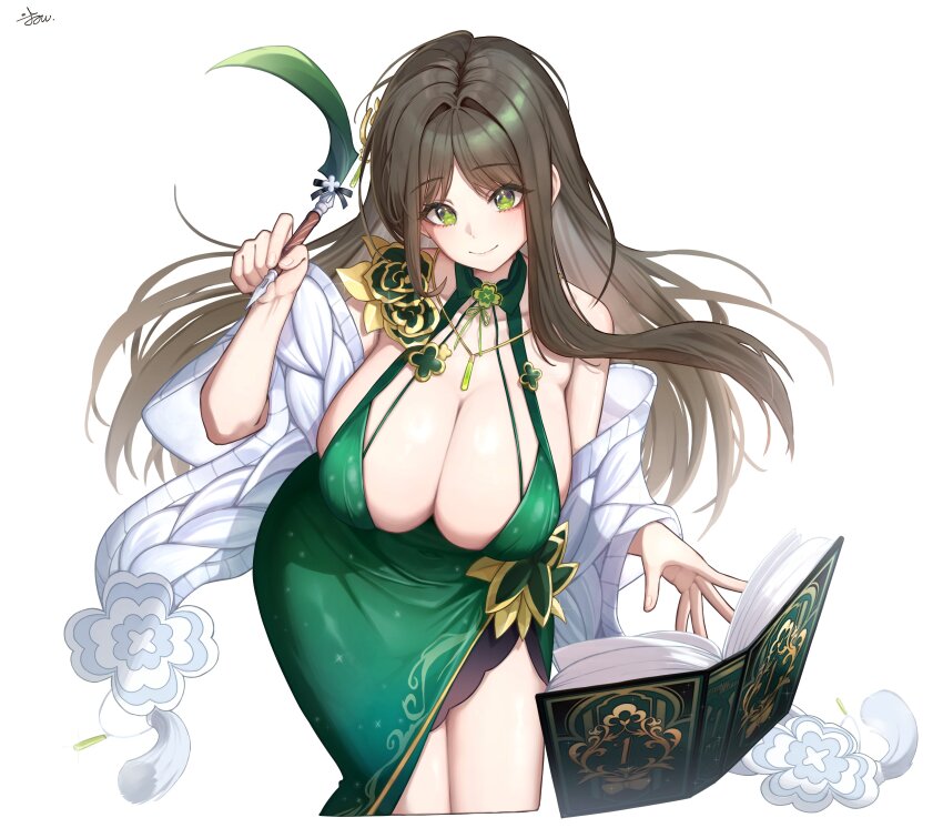 1girl, absurdres, bare_shoulders, bent_over, black_survival, book, breasts, brown_hair