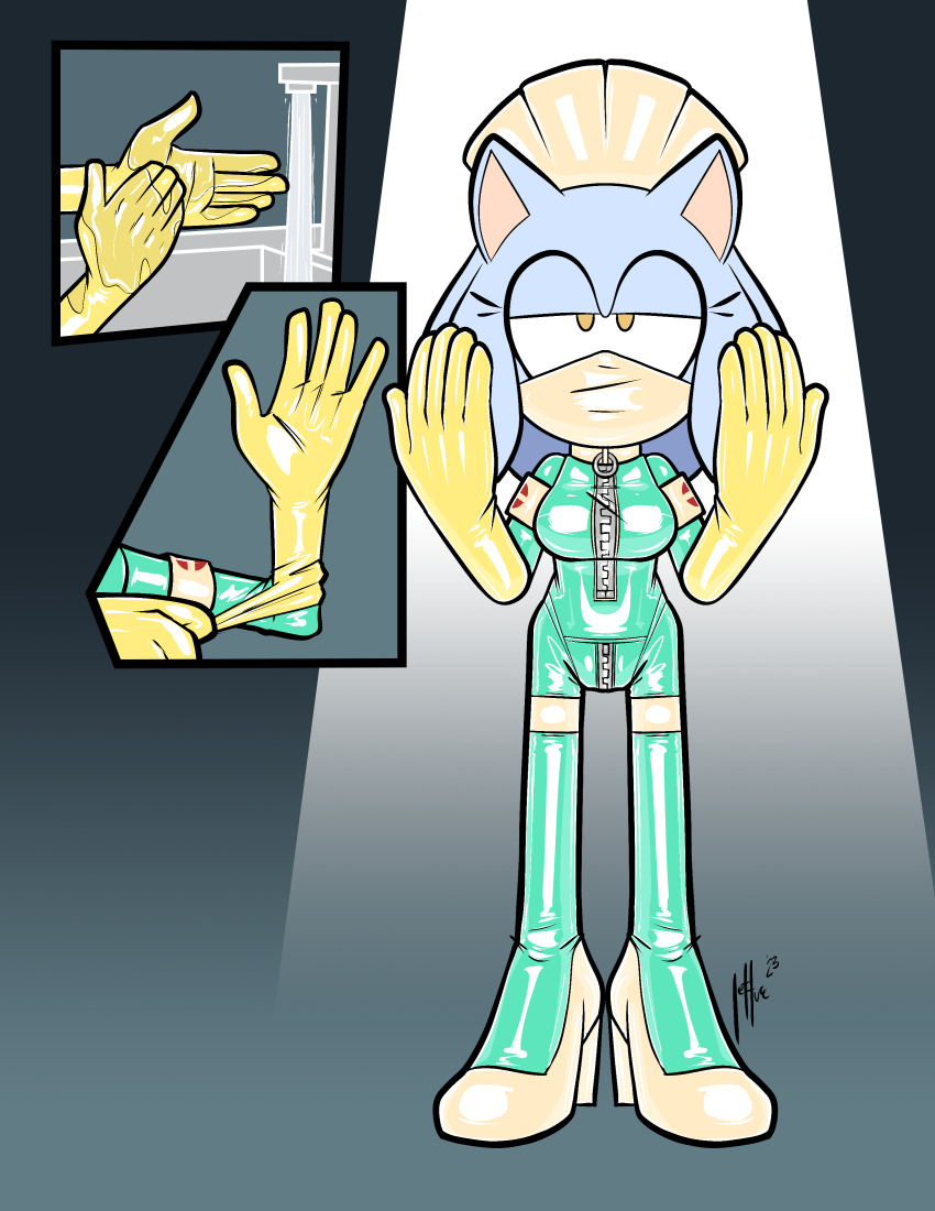 absurdres, adjusting_clothes, adjusting_gloves, bodysuit, elbow_gloves, gloves, hat, high_heels, highres, honeydew_(qqlettuce), latex, latex_bodysuit, latex_gloves, mask, mouth_mask, nurse, nurse_cap, original, qqlettuce, sega, sonic_(series), surgical_mask, washing_hands