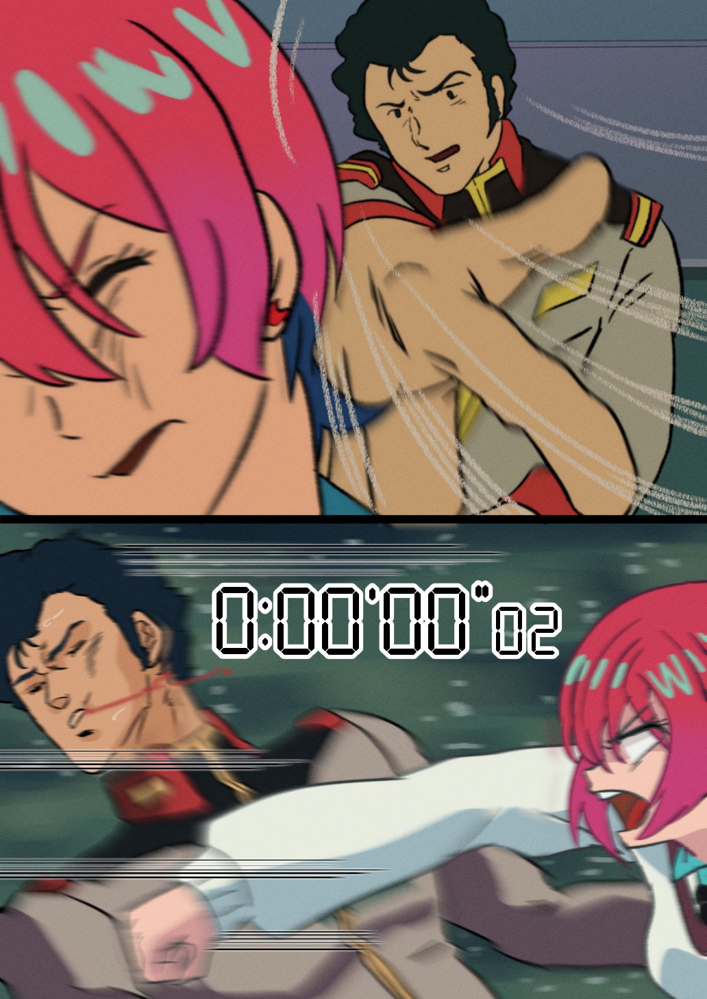 1970s_(style), 1980s_(style), 1boy, 1girl, amate_yuzuriha, amuro_ray, angry, black_hair