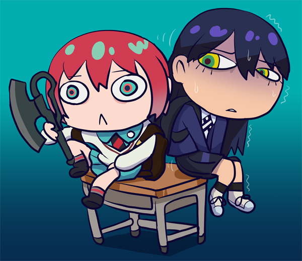 2girls, amate_yuzuriha, aqua_eyes, aqua_skirt, axe, bag, chibi, closed_mouth