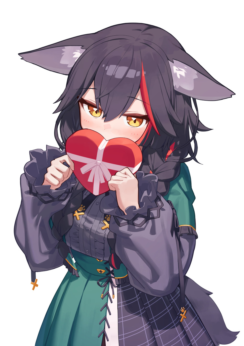 1girl, absurdres, animal_ear_fluff, animal_ears, black_hair, box, braid, capelet