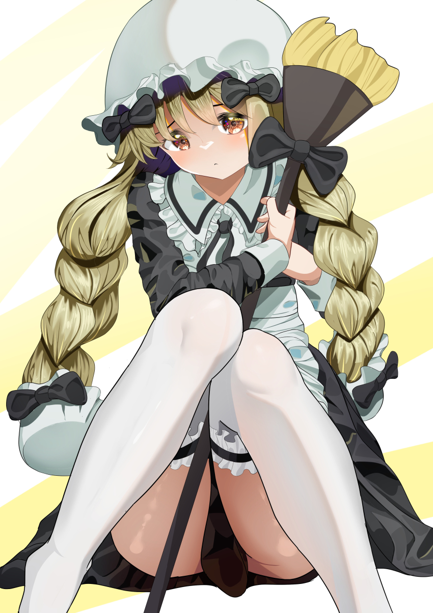 1girl, 3577m, absurdres, apron, black_bow, black_bowtie, blonde_hair, bow