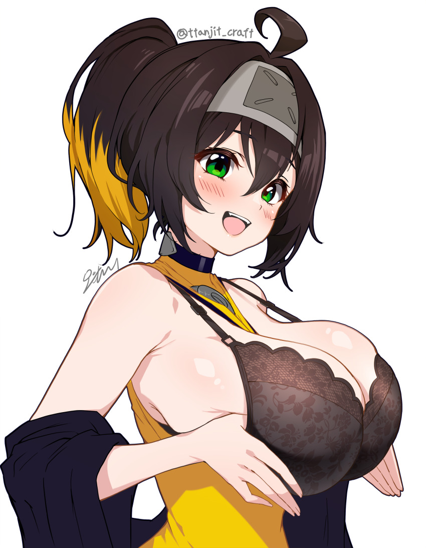 1girl, absurdres, ahoge, alternate_breast_size_(larger), bare_shoulders, black_hair, blonde_hair, blush, bra, breasts, breasts_squeezed_together, cleavage, duel_monster, forehead_protector, green_eyes, haori, highres, japanese_clothes, large_breasts, multicolored_hair, open_mouth, ponytail, s-force_rappa_chiyomaru, shirt, sideboob, signature, sleeveless, sleeveless_shirt, solo, ttakji_craft, twitter_username, underwear, yu-gi-oh!