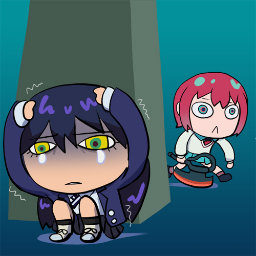 2girls, :<, amate_yuzuriha, aqua_eyes, aqua_skirt, axe, chibi, closed_mouth