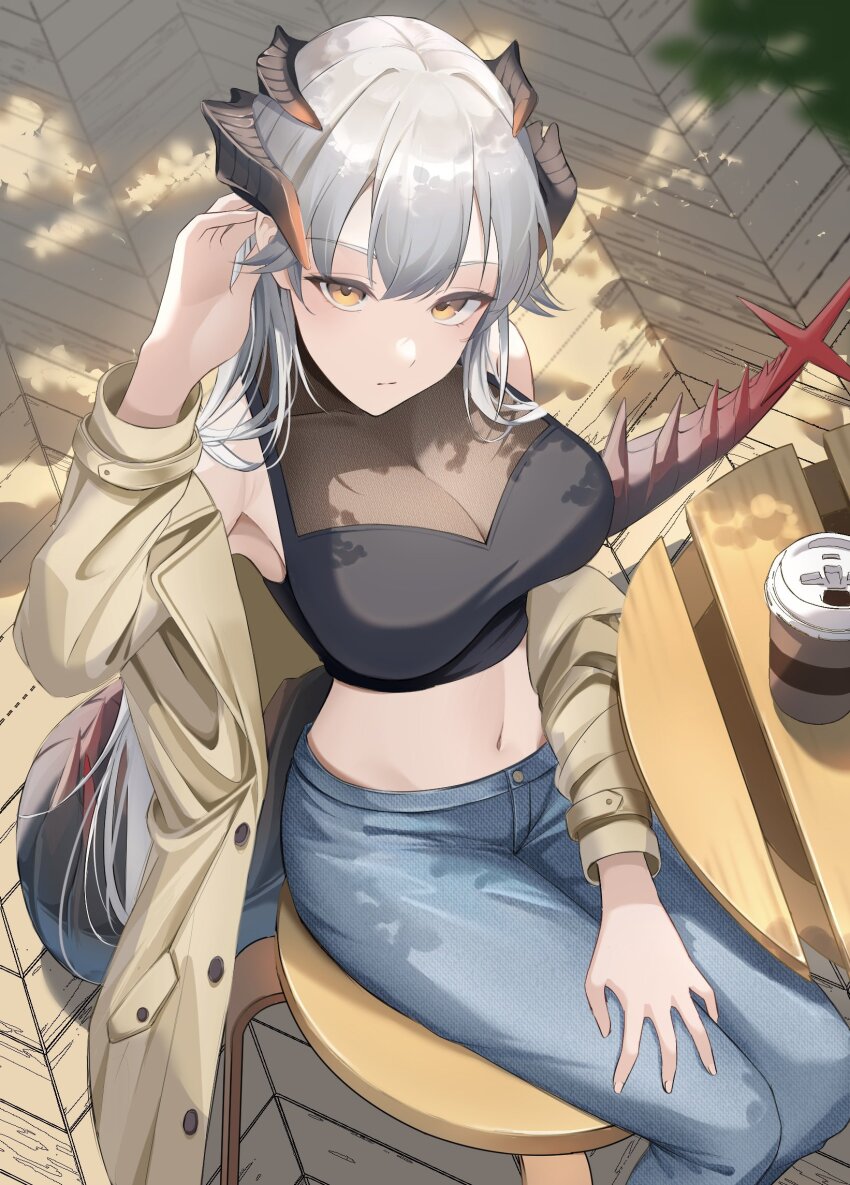 1girl, alternate_costume, arknights, armpits, black_shirt, blue_pants, breasts, brown_coat