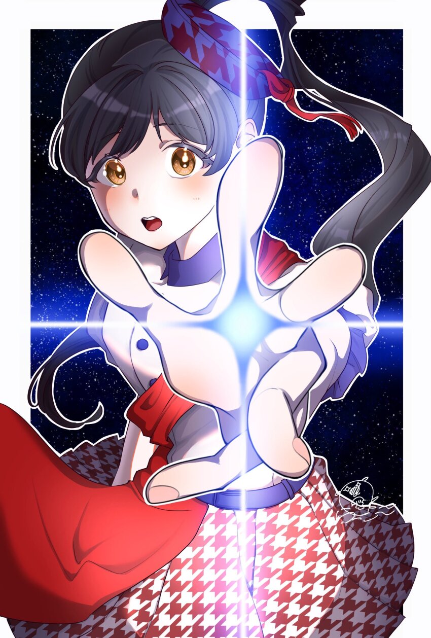 1girl, black_hair, border, breasts, brown_eyes, commentary_request, cowboy_shot, diffraction_spikes