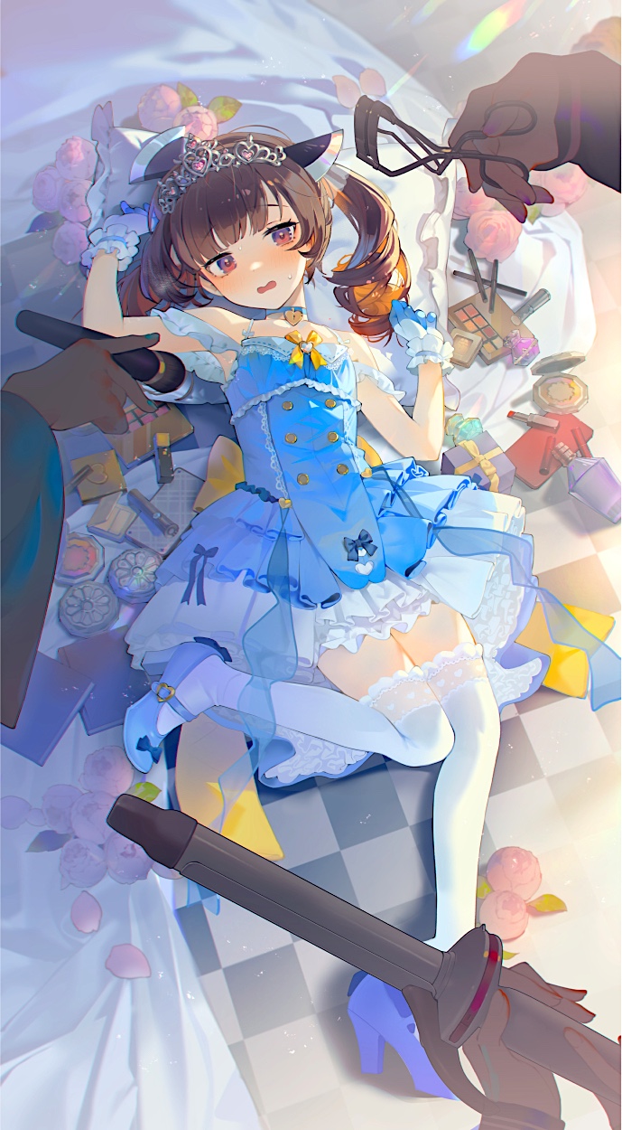 1girl, 3others, blue_choker, blue_dress, blue_shoes, blush, box, brown_hair