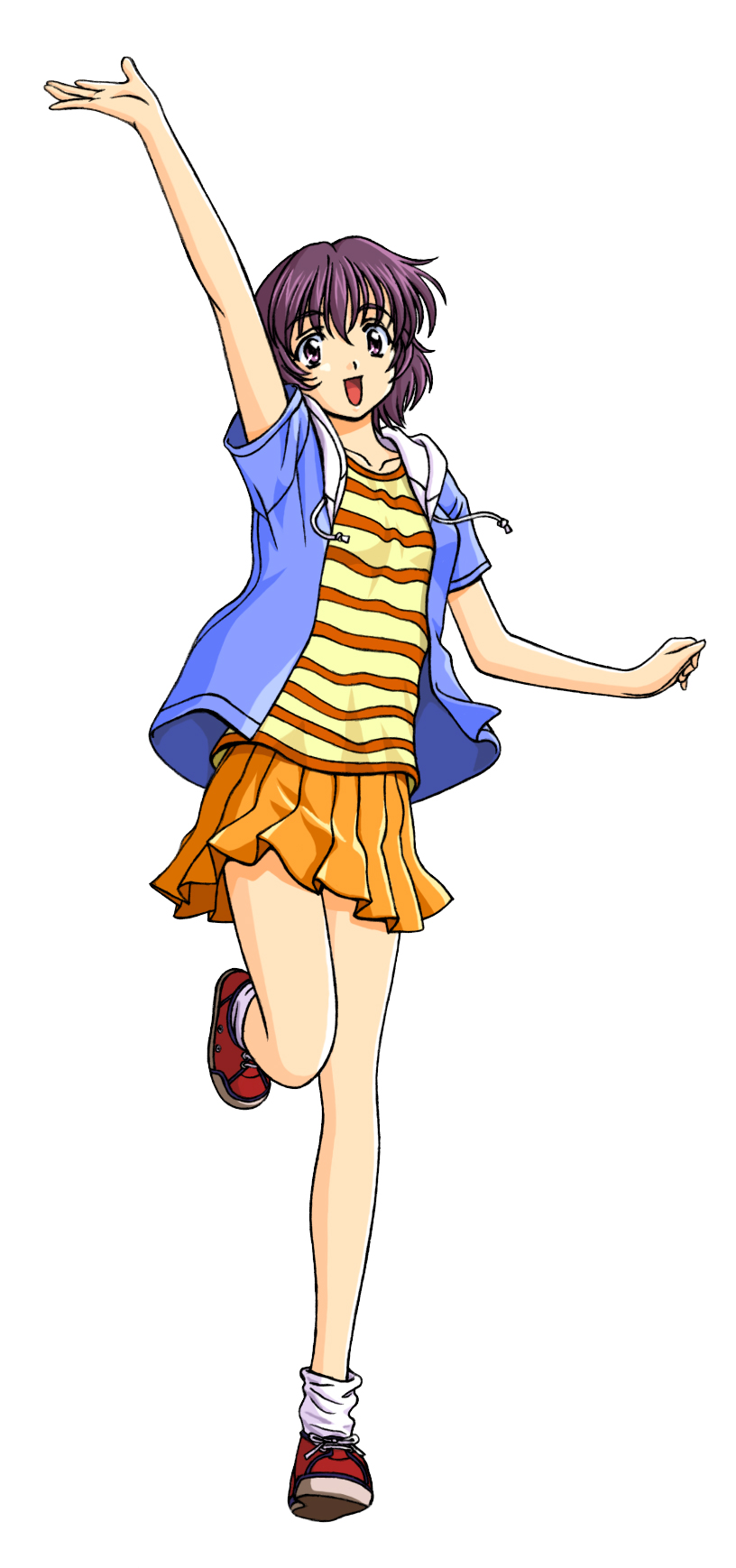 1girl, anime_coloring, ankle_socks, arm_up, blue_jacket, blue_sleeves, breasts, collarbone