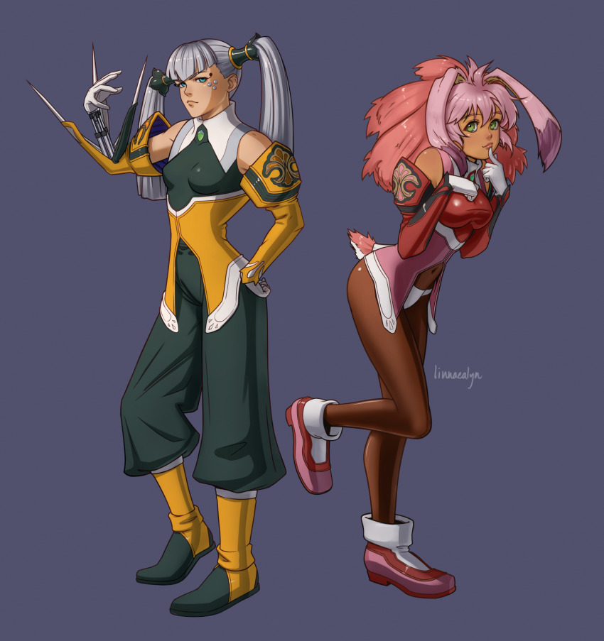 2girls, animal_ears, blue_eyes, breasts, closed_mouth, commentary, covered_navel, eyelashes