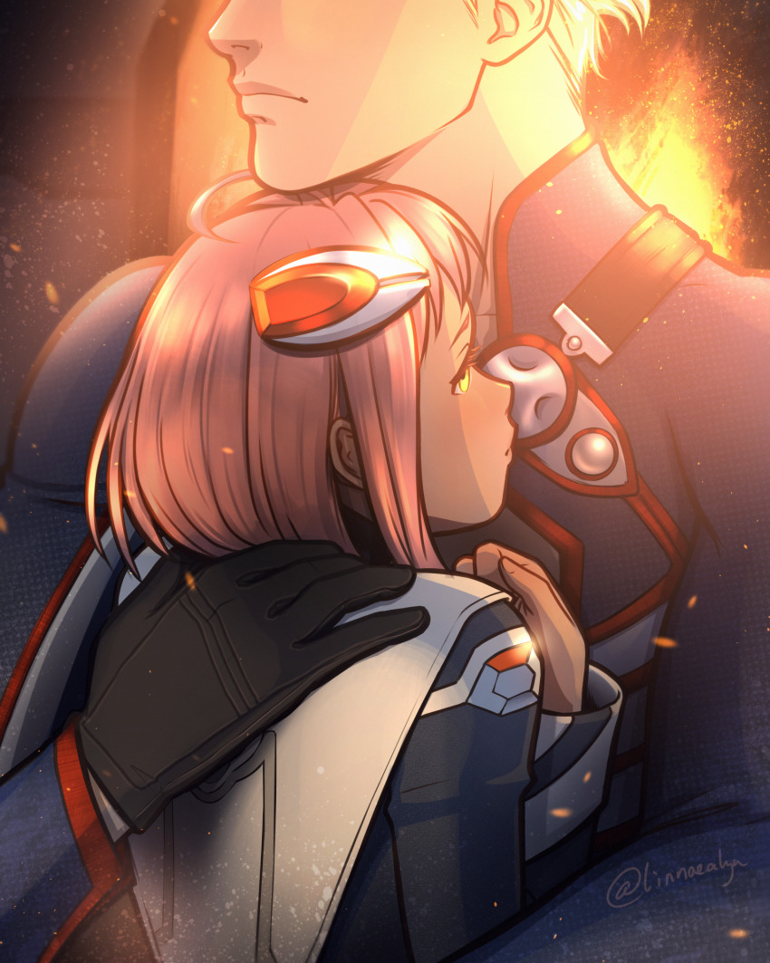 1boy, 1girl, affectionate, black_gloves, blonde_hair, closed_mouth, commentary, english_commentary