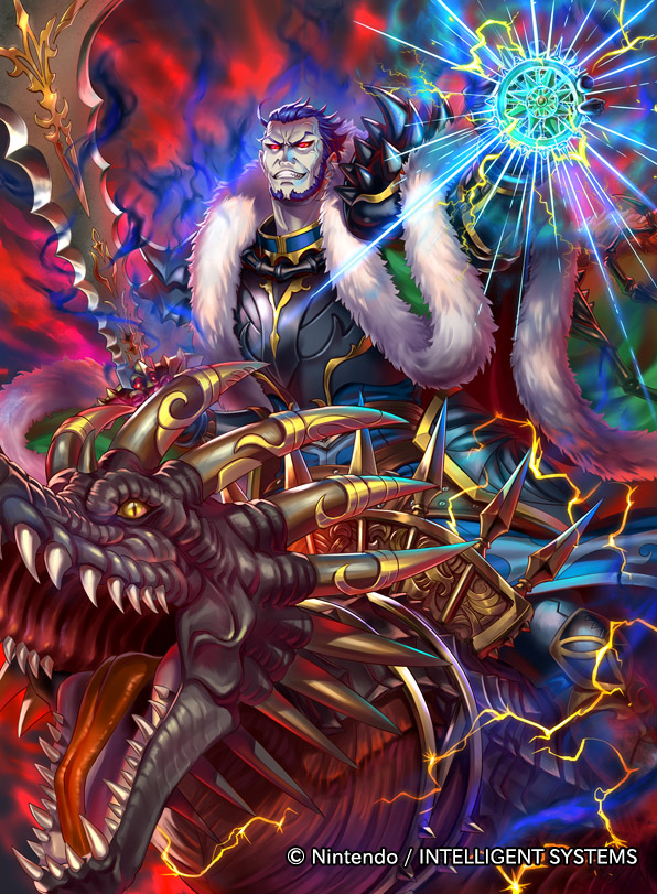 1boy, armor, ashnard_(fire_emblem), beard, blue_hair, cape, colored_sclera, commentary_request, company_name, facial_hair, fire_emblem, fire_emblem:_path_of_radiance, fire_emblem_cipher, fur-trimmed_cape, fur_trim, gurgurant, holding, holding_sword, holding_weapon, male_focus, nintendo, official_art, rajaion, red_eyes, red_sclera, riding, riding_dragon, sword, taneda_kazuhiro, weapon