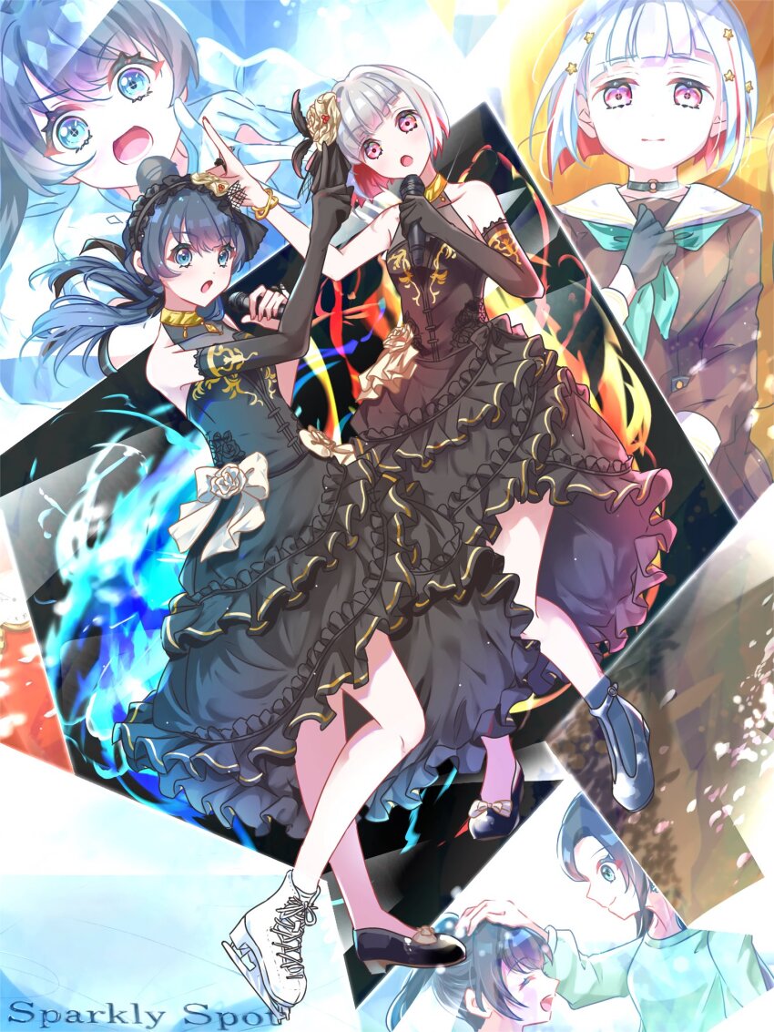 3girls, :o, aged_down, asymmetrical_footwear, black_dress, black_gloves, black_hairband, black_ribbon