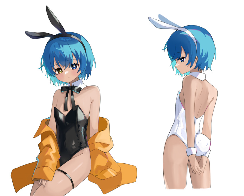 1boy, androgynous, animal_ear_hairband, animal_ears, bare_shoulders, black_hairband, black_leotard, black_ribbon