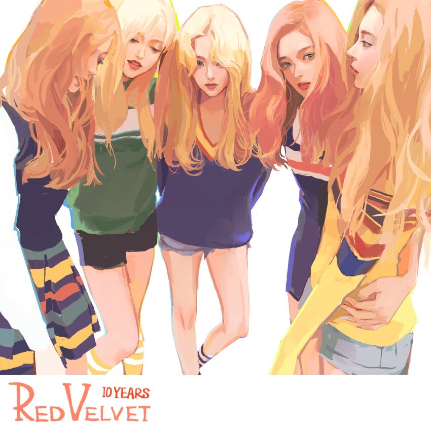 5girls, blonde_hair, commentary, dorcas1004, feet_out_of_frame, green_sweater, group_name, hand_on_another's_waist