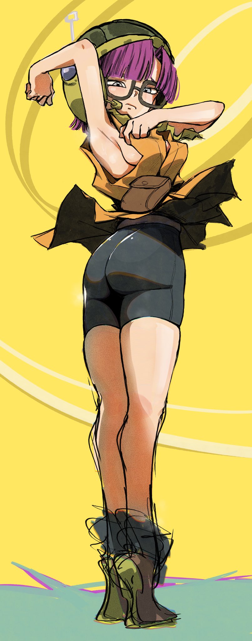 1girl, armpits, ass, black_shorts, breasts, chrono_trigger, commentary, english_commentary