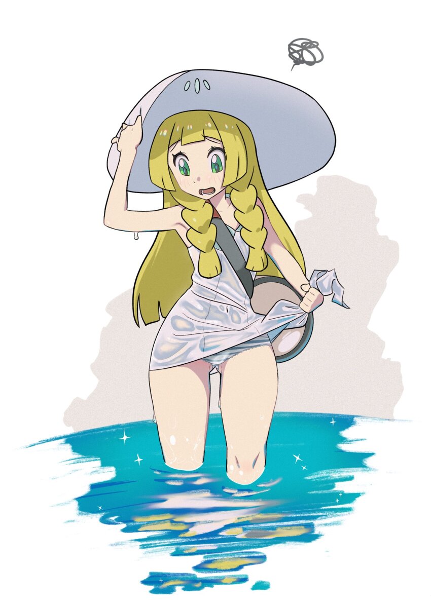 1girl, blonde_hair, blunt_ends, commentary, green_eyes, hat, highres, lillie_(pokemon), long_hair, nintendo, panties, pokemon, pokemon_sun_and_moon, solo, spaghetto087, sparkle, squiggle, striped_clothes, striped_panties, underwear, wading, water, wet, white_hat