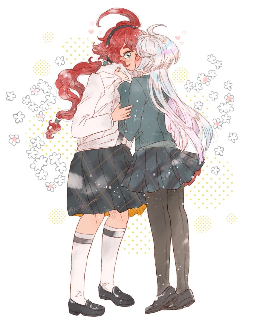 2girls, black_hairband, black_pantyhose, black_shoes, black_skirt, blue_eyes, blush, commentary_request