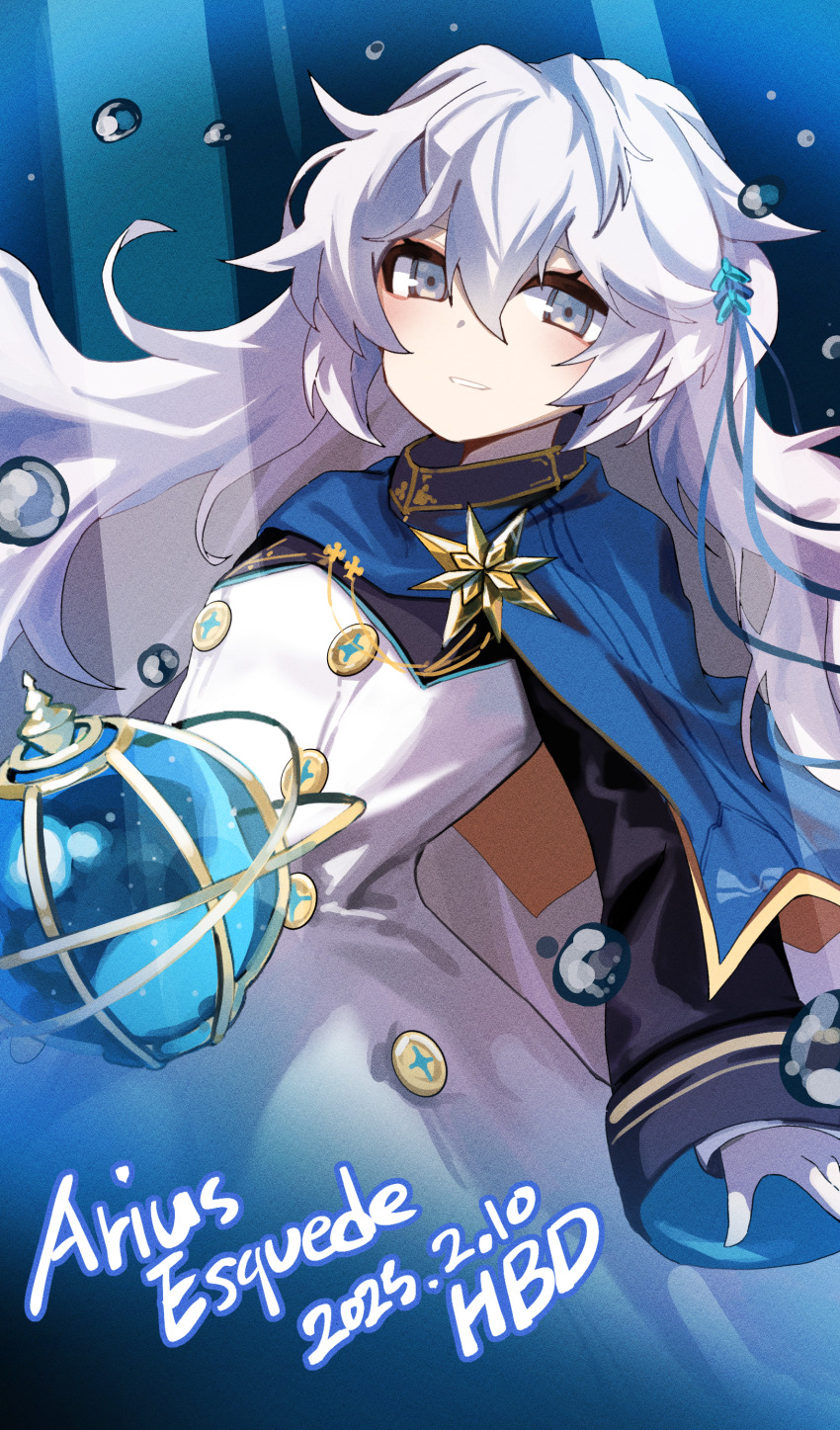 1girl, absurdres, arius_esquede, blue_capelet, capelet, character_name, commentary, counter:side