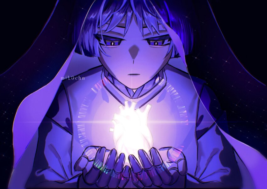 1boy, artist_name, black_background, blunt_ends, bright_pupils, closed_mouth, clothing_cutout, cupping_hands