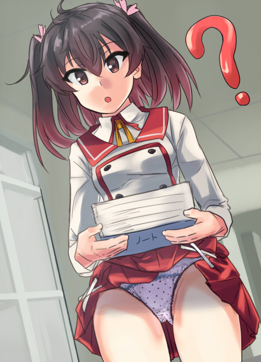 1girl, :o, ?, ahoge, asakura_mihono, brown_eyes, brown_hair, collared_shirt