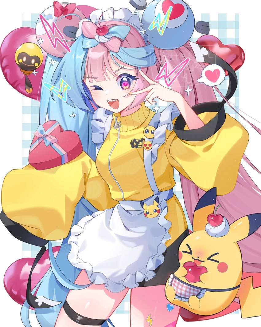 alternate_costume, coletta_(colet_colettia), gen_1_pokemon, heart, heart-shaped_pupils, highres, iono_(pokemon), long_hair, low-tied_long_hair, multicolored_hair, nintendo, one_eye_closed, pikachu, pikachu_(assorted_chocolates_2024), pokemon, pokemon_scarlet_and_violet, sleeves_past_wrists, split-color_hair, symbol-shaped_pupils, tadbulb, teeth, two-tone_hair