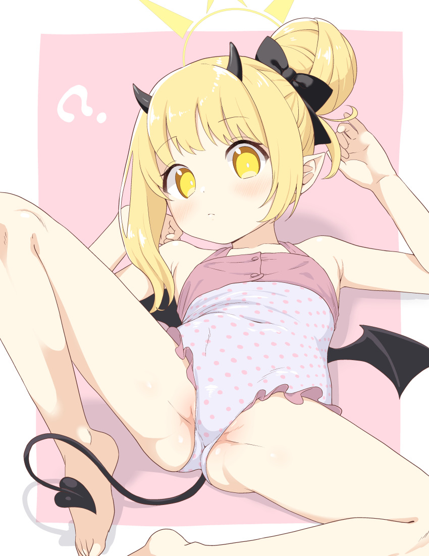 1girl, ?, absurdres, arm_up, armpits, ass, bare_arms, bare_legs, bare_shoulders, barefoot, black_bow, blonde_hair, blue_archive, blush, border, bow, bright_pupils, casual_one-piece_swimsuit, covered_navel, demon, demon_girl, demon_horns, demon_tail, demon_wings, dot_nose, expressionless, feet, hair_bow, hair_bun, halo, hands_up, highres, horns, ibuki_(anniversary_swimsuit)_(blue_archive), ibuki_(blue_archive), knee_up, legs, loli, long_hair, looking_at_viewer, low_wings, lying, on_back, one-piece_swimsuit, outside_border, pink_background, pink_one-piece_swimsuit, pointy_ears, polka_dot, polka_dot_one-piece_swimsuit, polka_dot_swimsuit, single_side_bun, solo, spread_legs, swimsuit, tail, tenuwi, thighs, tight_clothes, toes, two-tone_one-piece_swimsuit, white_border, white_one-piece_swimsuit, white_pupils, wings, yellow_eyes, yellow_halo