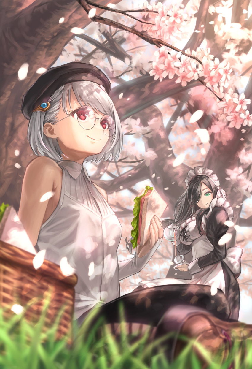 2girls, bare_shoulders, basket, beret, black_dress, black_hair, cherry_blossoms, commentary_request