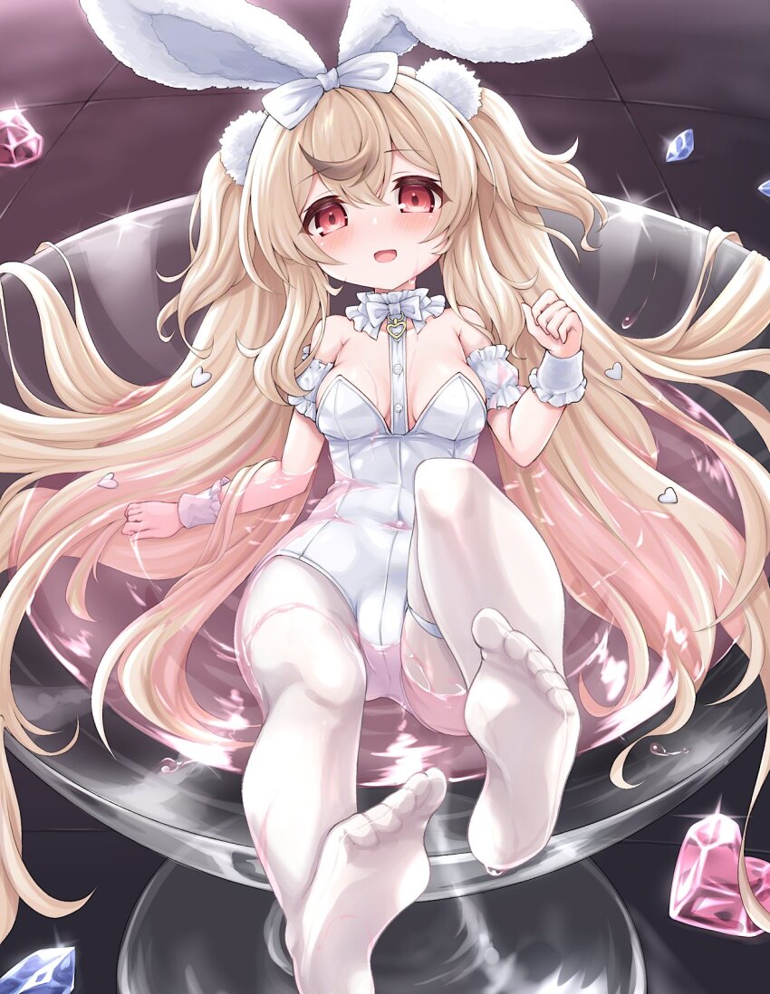 1girl, animal_ears, azur_lane, bare_shoulders, blonde_hair, blush, bow, breasts, covered_navel, crystal, cup, drinking_glass, fake_animal_ears, feet, hair_bow, heart, highres, kinomiki_nobori, knee_up, legs, leotard, long_hair, looking_at_viewer, lying, no_shoes, official_alternate_costume, on_back, open_mouth, pantyhose, partially_submerged, rabbit_ears, red_eyes, ribbon, smile, soles, solo, strapless, strapless_leotard, thighs, toes, two_side_up, very_long_hair, white_leotard, white_pantyhose, z9_(azur_lane), z9_(teary_cocktail)_(azur_lane)