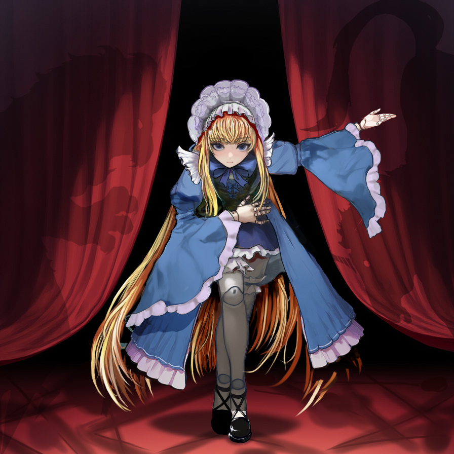 1girl, bent_over, black_souls, black_souls_2, blonde_hair, blue_dress, blue_eyes, blunt_bangs, bonnet, bow, bowing, closed_mouth, crossed_legs, curtains, doll, doll_alice_(black_souls), doll_joints, dress, expressionless, frilled_dress, frills, gensou_roukaku, gothic_lolita, joints, leaning_forward, lion, lolita_fashion, long_hair, long_sleeves, looking_at_viewer, puffy_sleeves, shadow, shoes, sidelocks, silhouette, solo, stage_curtains, standing, unicorn, very_long_hair, watson_cross, wide_sleeves