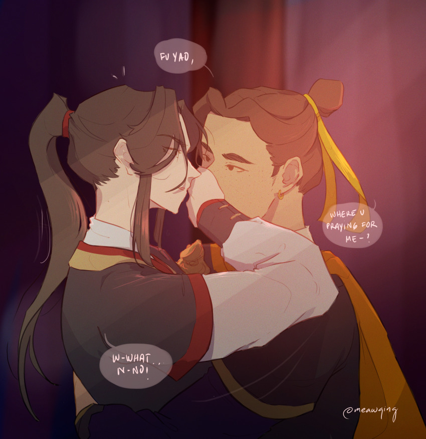 2boys, absurdres, armor, black_hanfu, blurry, blurry_background, brown_eyes, brown_hair