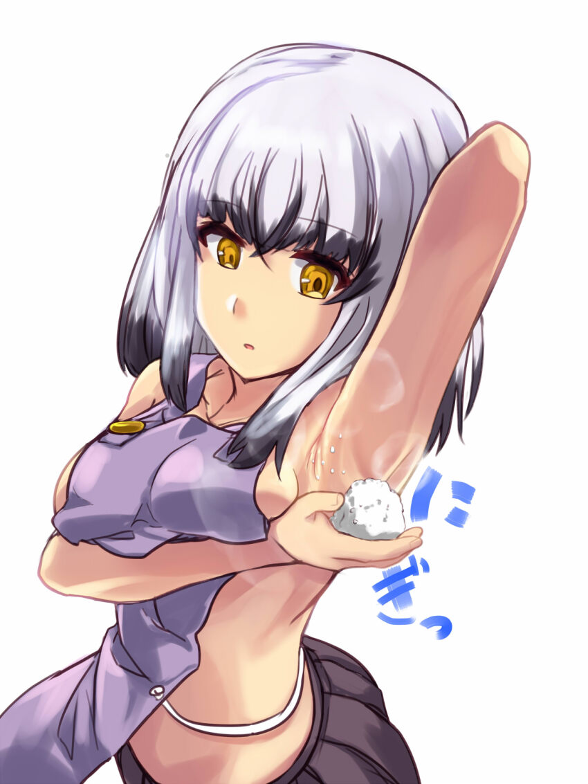 1girl, :o, apron, arm_up, armpit_onigiri, armpits, black_hair, blunt_bangs