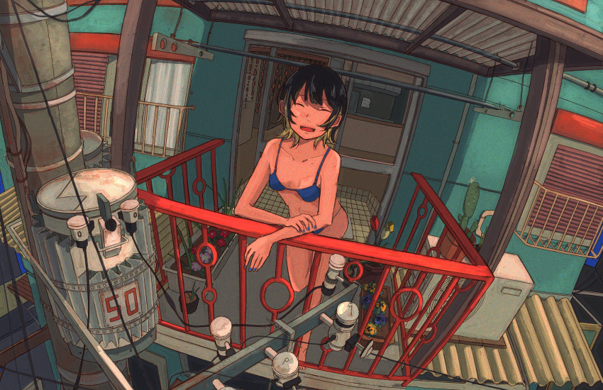1girl, amamoto_air, bikini, blue_bikini, blue_nails, cable, closed_eyes, colored_tips, commentary, condenser_unit, facing_viewer, fingernails, highres, multicolored_hair, nail_polish, open_mouth, original, plant, potted_plant, power_lines, short_hair, solo, swimsuit, two-tone_hair, utility_pole, wide_shot