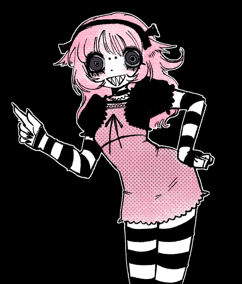 1girl, animated, animated_gif, arm_warmers, ben-day_dots, black_background, black_eyes, black_shrug, border, bow_hairband, breasts, choker, colored_sclera, crimescenepartz, cropped, dancing, dress, dress_ribbon, dress_under_shirt, frilled_choker, frilled_dress, frilled_shrug, frills, grey_sclera, hairband, hand_on_own_hip, holding_detached_head, index_finger_raised, long_hair, looking_at_viewer, looping_animation, lower_eyelashes_only, original, pantyhose, pink_border, pink_dress, pink_hair, pink_theme, ringed_eyes, screentones, sharp_teeth, short_dress, shrug_(clothing), simple_background, small_breasts, smile, solo, striped_arm_warmers, striped_clothes, striped_pantyhose, teeth