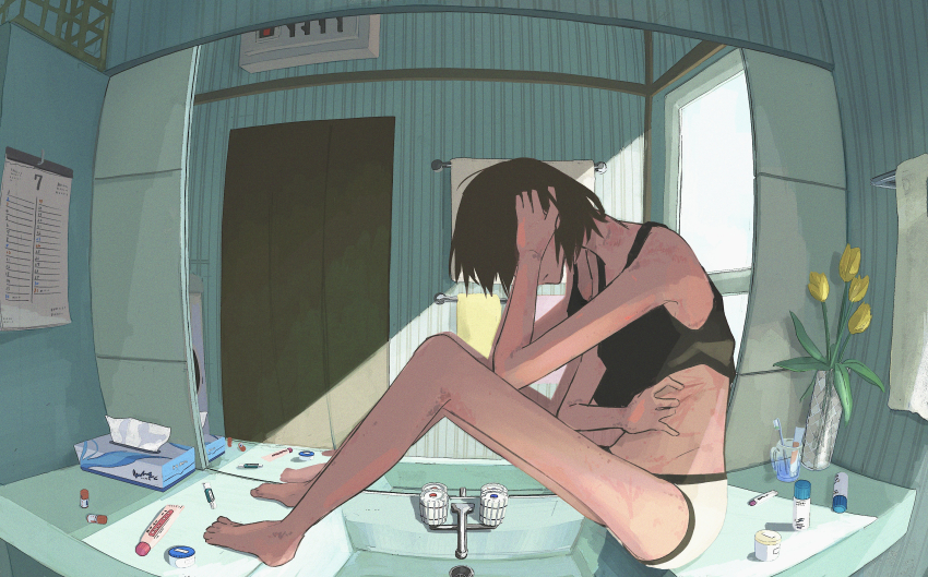 1girl, absurdres, amamoto_air, barefoot, bathroom, brown_hair, calendar_(object), commentary
