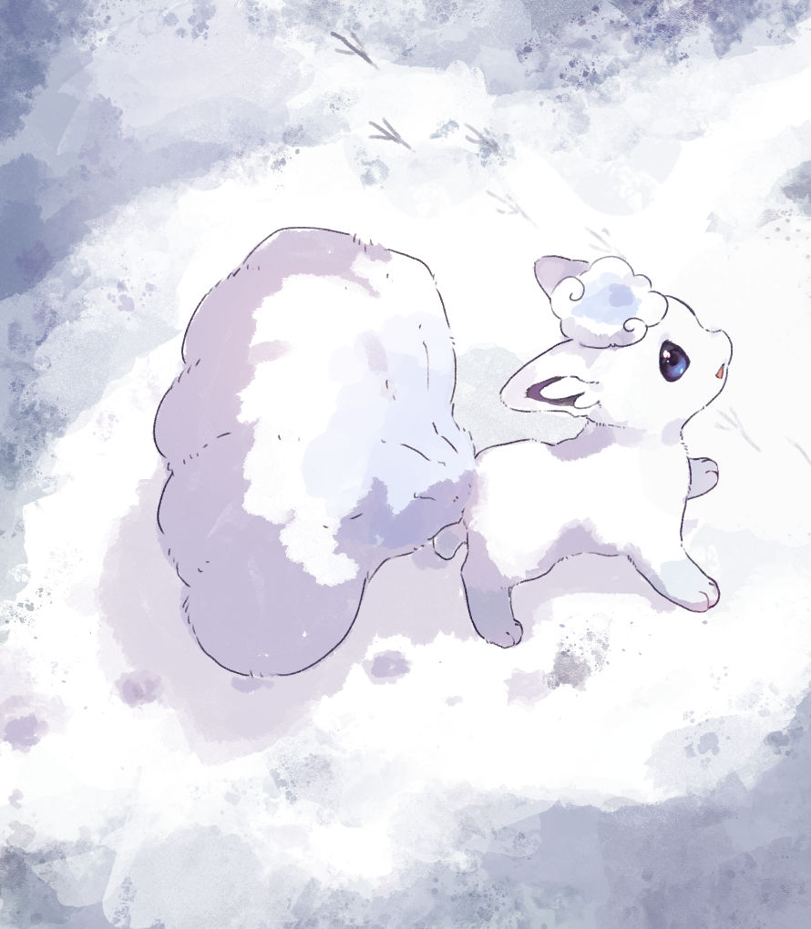 alolan_form, alolan_vulpix, animal_focus, blue_eyes, commentary_request, fox, from_above, gen_7_pokemon