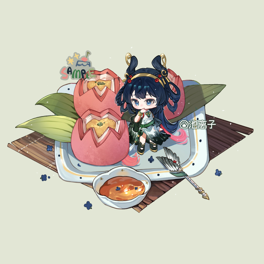 1girl, artist_name, black_hair, black_shoes, blue_eyes, chibi, chilizi, dim_sum, dress, full_body, gongsun_li, green_background, hair_ornament, hairband, hand_up, highres, leaf, long_hair, looking_at_viewer, oversized_food, oversized_object, plate, quad_hair_rings, sample_watermark, sauce, shoes, solo, wangzhe_rongyao, watermark, white_dress, yellow_hairband