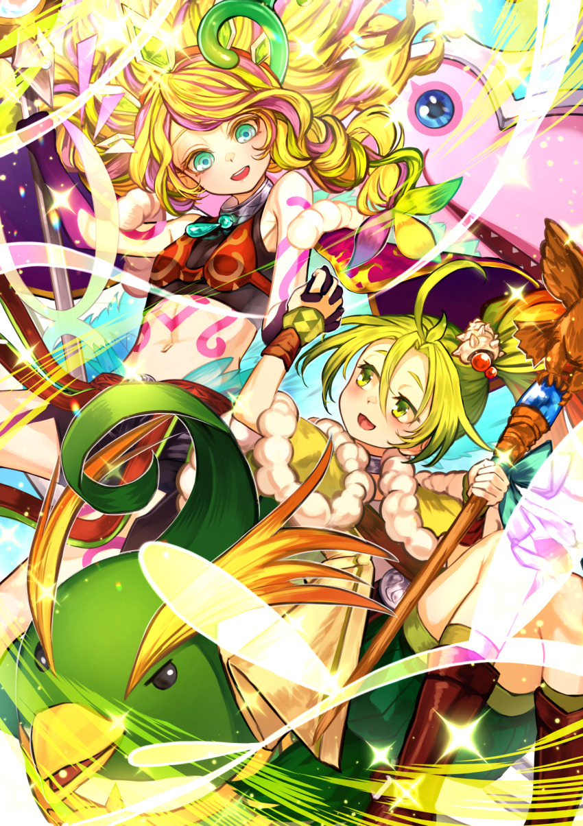 2girls, aqua_eyes, blonde_hair, breasts, crop_top, duel_monster, fuji_tarawi, green_eyes