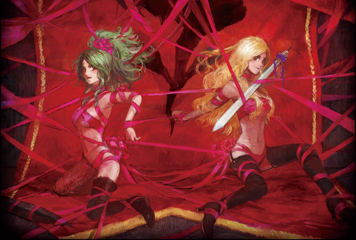 1990s_(style), 2girls, ajikko, bdsm, black_legwear, blonde_hair, bondage, boots, bound, bound_together, celes_chere, female_focus, final_fantasy, final_fantasy_vi, green_hair, hair_ornament, high_heels, kneeling, long_hair, midriff, multiple_girls, naked_ribbon, ponytail, red_ribbon, retro_artstyle, ribbon, ribbon_bondage, shoes, sitting, sword, thighhighs, tina_branford, weapon